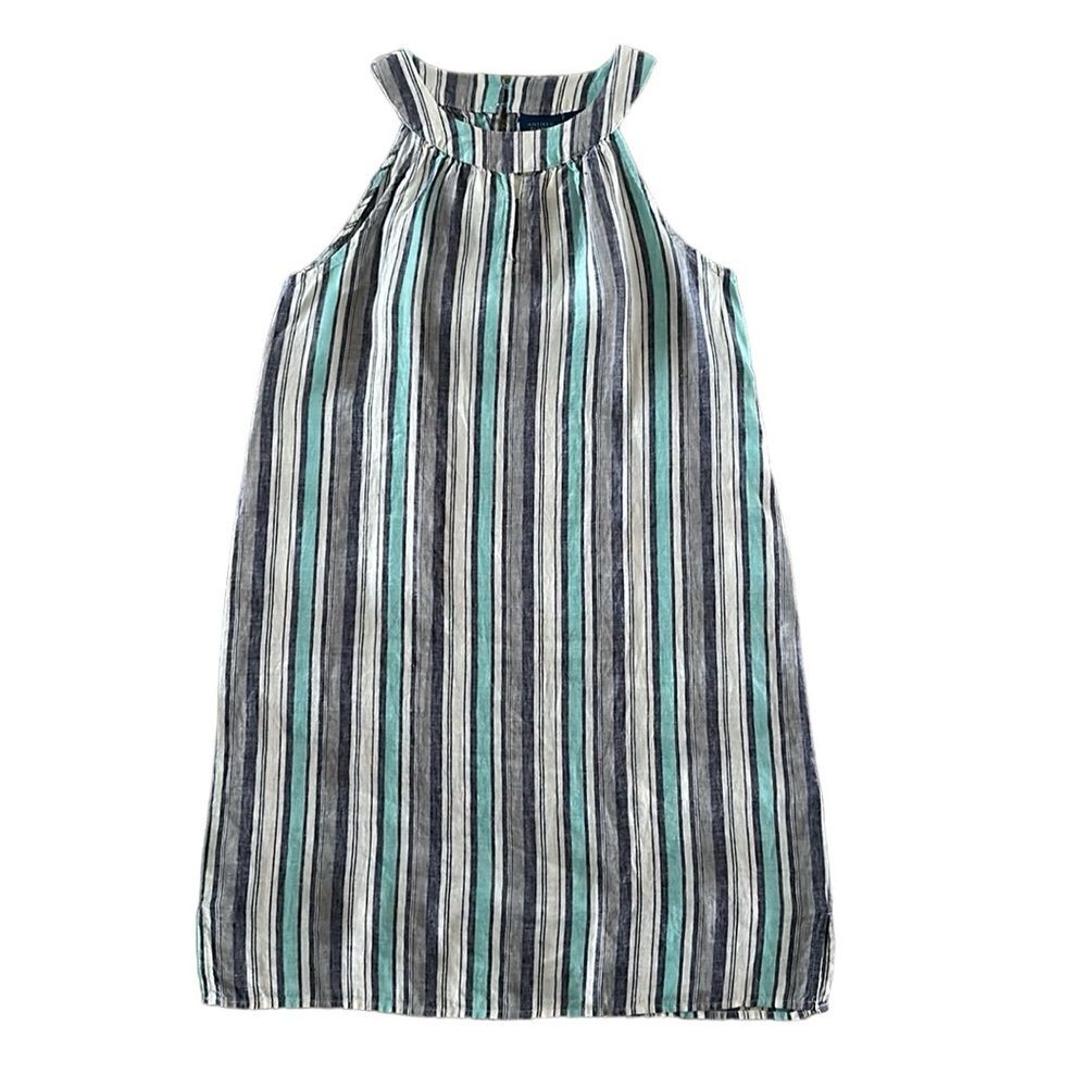 NWT Antibes Blanc Women's 100% Linen Striped Aqua Gray Halter Dress Size S